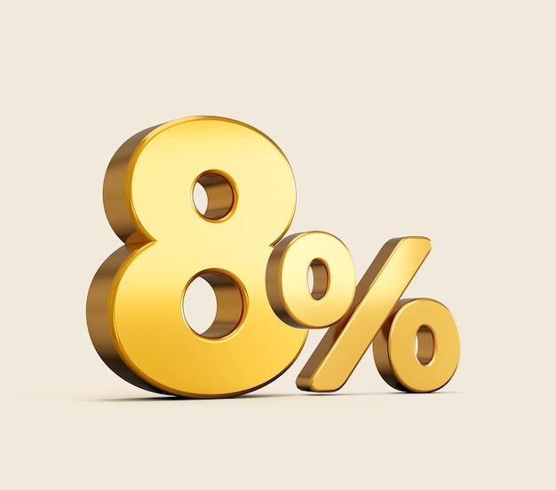 3d ilustracja złotej liczby osiem procent lub 8 procent na białym tle beżowym z cieniem