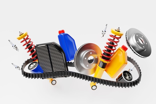 3D ilustracji części samochodowych amortyzator samochodowy kanister oleju, filtry paliwa i powietrza na białym, odizolowanym tle Części do naprawy samochodów