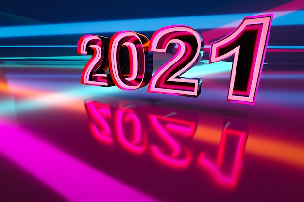 Zdjęcie 3d ilustracyjny napis 2021 z różowych i niebieskich linii neonowych