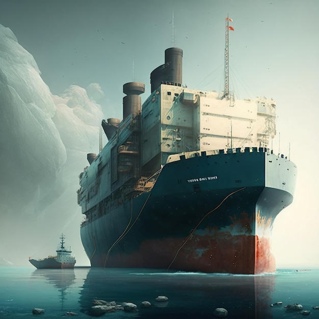 Zdjęcie 3d ilustracyjny statek towarowy, duży statek z kontenerami z przodu