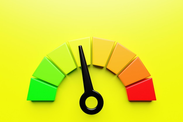 Zdjęcie 3d ilustrujący okrągłą ikonę panelu sterowania. koncepcja wysokiego ryzyka na przyrządach pomiarowych. skala wydajności
