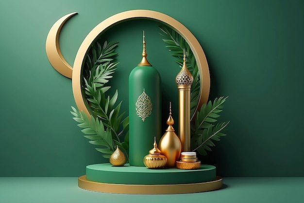 3d islamska minimalna platforma na zielonym tle z złotem i liśćmi daktylowymi Podium do wyświetlania produktów