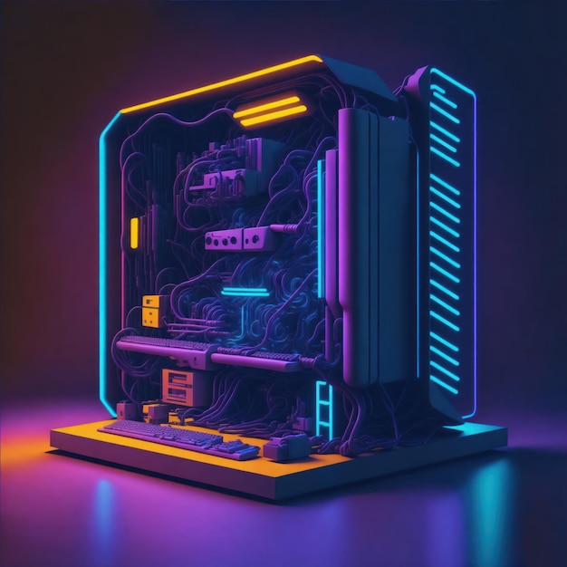 3D izometryczna skrzynka do komputera, płytka główna, światło neonowe, cyberpunk