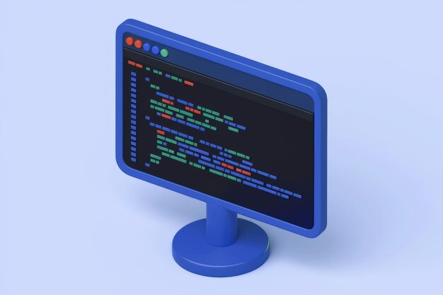 3D izometryczne przedstawienie monitora komputerowego wyświetlającego kod