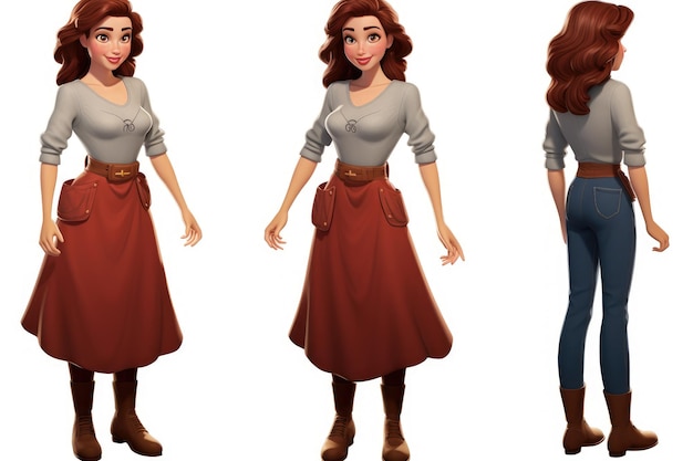 3D Kobieta Dziewczyna ubrana jako księżniczka Disney Cartoon Character design sprites na białym tle