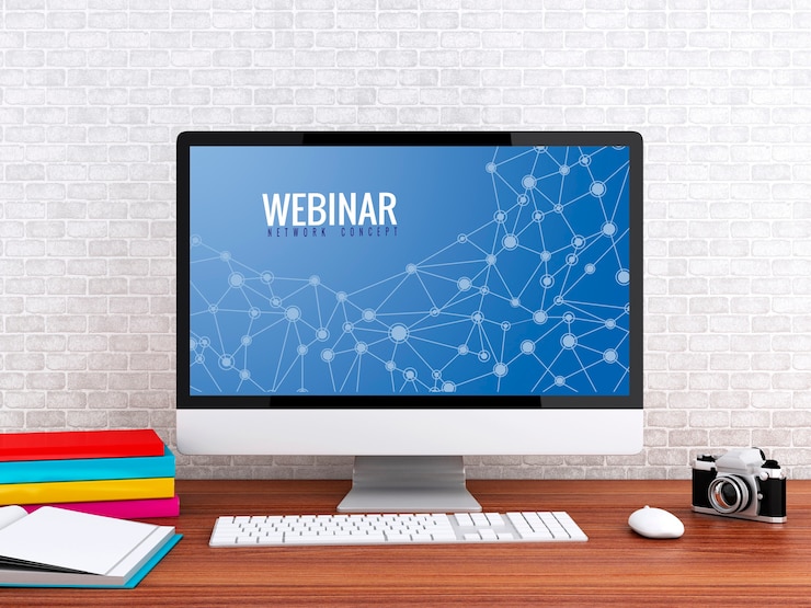 Zdjęcie 3d komputer ze słowem webinar.
