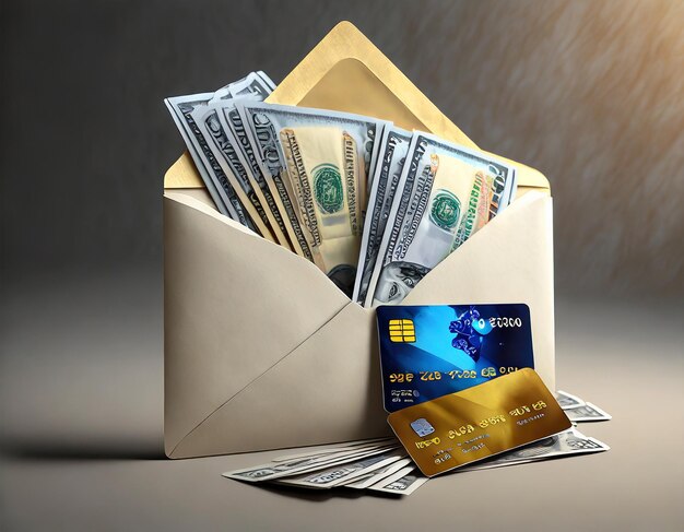 Zdjęcie 3d koperta z banknotami dolarowymi i kartami kredytowymi_ koncepcja płatności