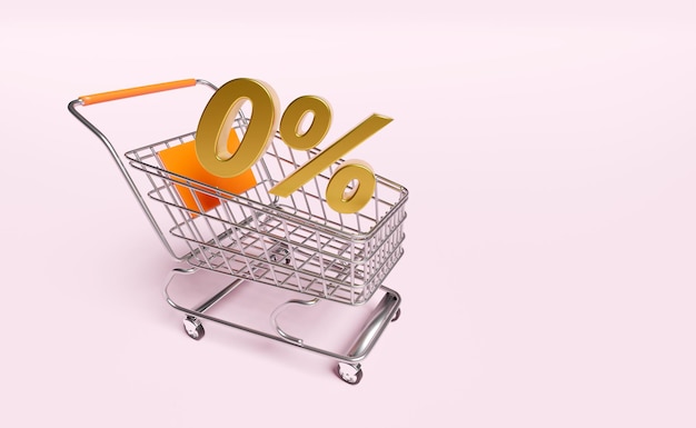 3d koszyk z złotem 0 zero procent izolowany na różowym tle zniżkowe produkty promocja marketingowa premie koncepcja 3d renderowanie ilustracji ścieżka wycięcia