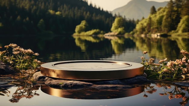 Zdjęcie 3d krąg podium produkt stojak lub wyświetlacz z wodą rzeki tła i światła kinematograficznego