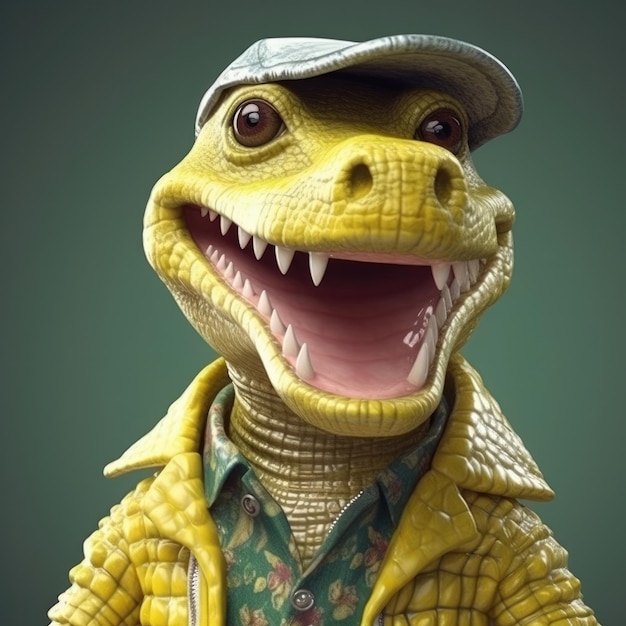 3D kreskówka krokodyl aligator portret na sobie ubrania okulary kapelusz kurtka stojąca z przodu