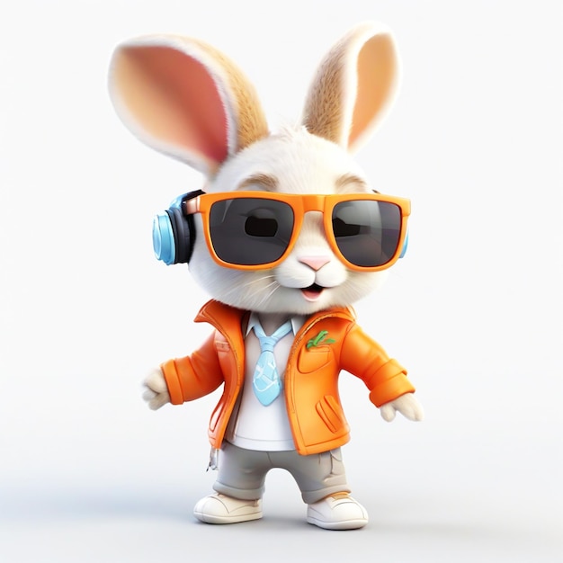 3D kreskówka małego królika z kurtką i słuchawkami