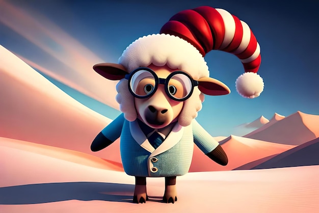 3D kreskówka owiec na sobie okulary okulary kapelusz i kurtkę