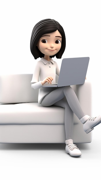 3D kreskówka Szczęśliwa, urocza, urocza, modna dziewczyna siedząca na białym tle