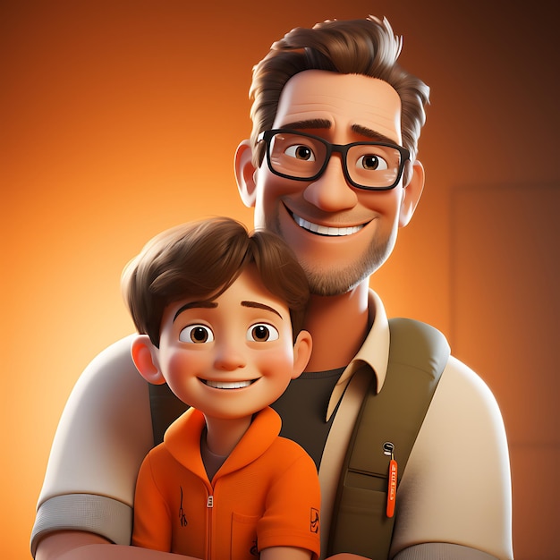 3D kreskówka szczęśliwy ojciec trzymający syna