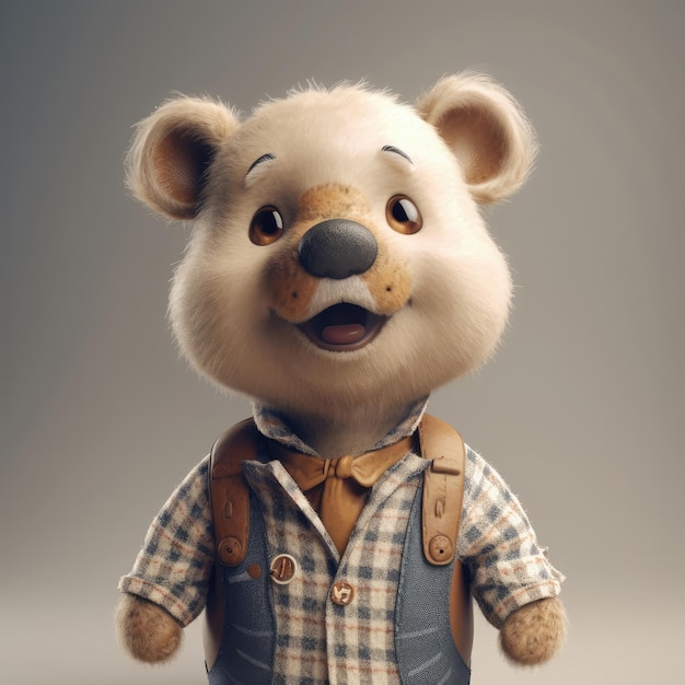 3D kreskówka teddy aear portret na sobie ubrania okulary kapelusz i kurtka stojąca z przodu