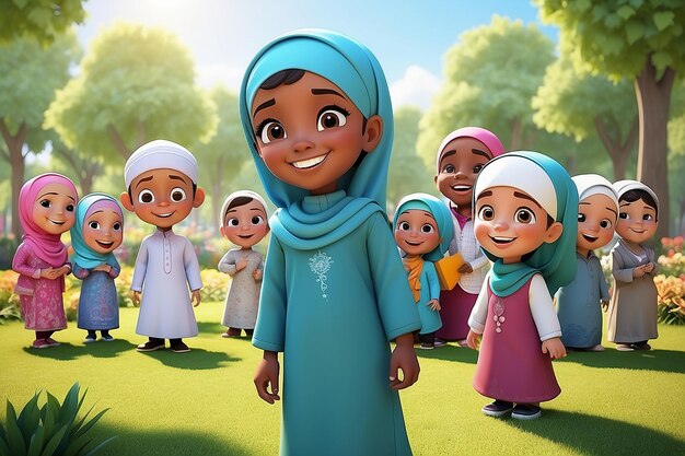 Zdjęcie 3d kreskówki muzułmańskie dzieci cieszące się parkiem