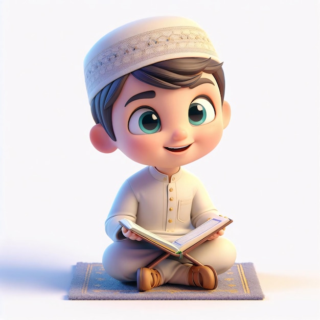 3D kreskówkowy chłopiec w islamskim garbie lubi czytać Koran