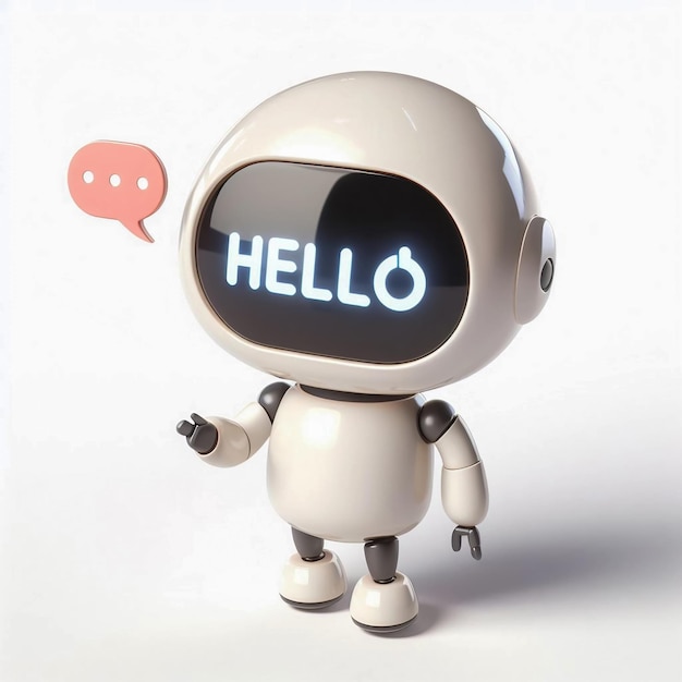 3D kreskówkowy robot trzymający słowo "Cześć" na ręce
