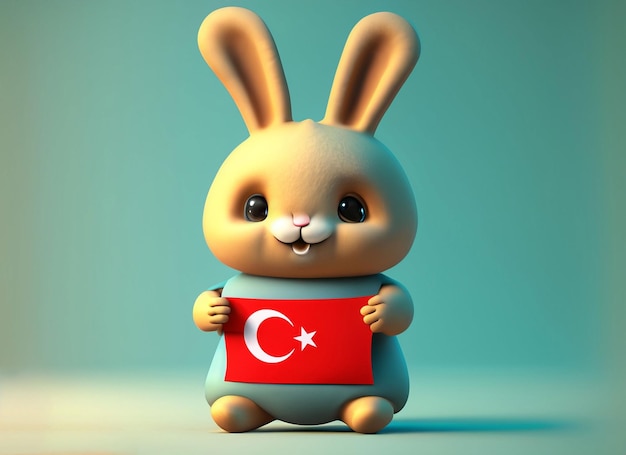 3D ładny królik trzymający turecką flagę z solidnym tłem