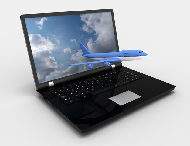 3d laptop i samoloty. 3d renderowana ilustracja