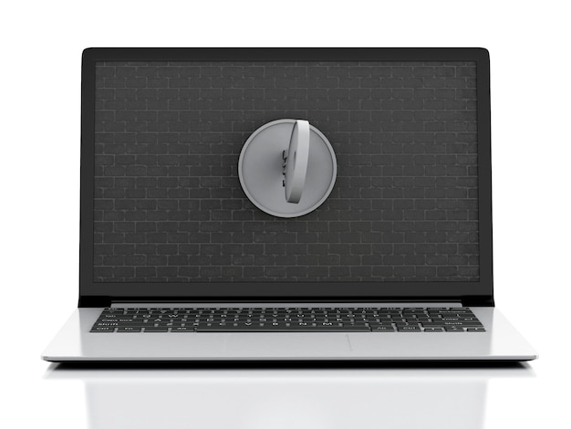 Zdjęcie 3d laptop z ściana z cegieł i kluczem.