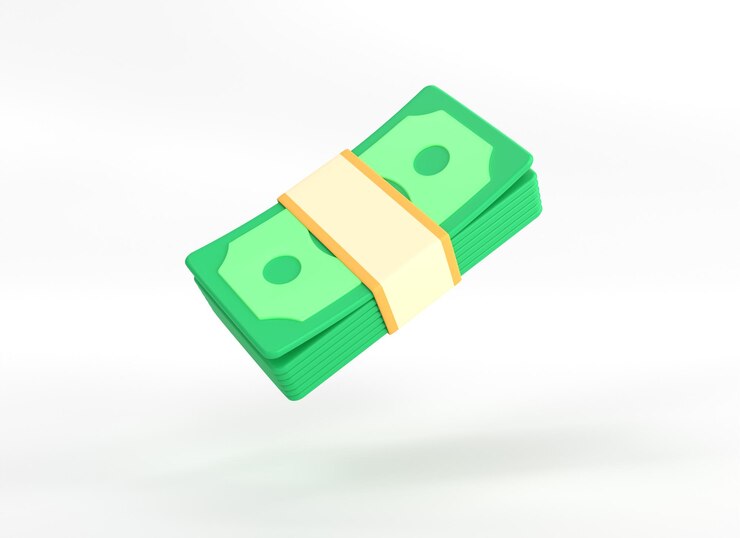 Zdjęcie 3d latający pakiet pieniędzy w minimalistycznym stylu kreskówki zielone banknoty izolowane na białym tlekoncepcja inwestycji biznesowych i finansowych ilustracja renderingu 3d