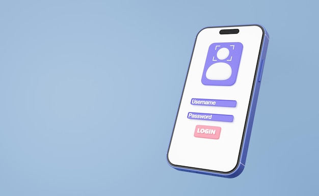 3D Login nazwa użytkownika hasło na telefonie komórkowym skanowanie twarzy Id odblokowanie aplikacji sprawdzenie tożsamości 3D rendering