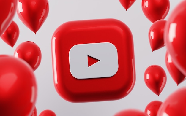 Zdjęcie 3d logo youtube z błyszczącymi balonami