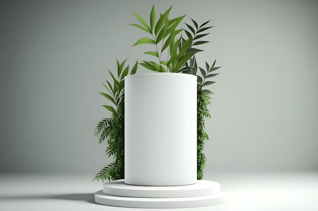 3d low poly renderowanie produktu scena podium z liśćmi bambusa geometryczna platforma 3d high poly stojak do prezentacji produktów kosmetycznych na cokole wyświetlacza zielone tło wygenerowane przez AI