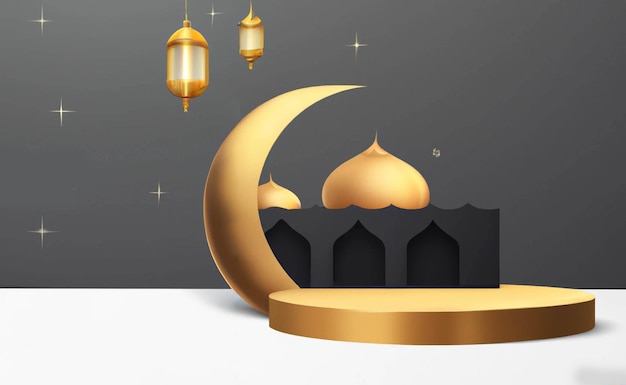 3d Luksusowa islamska platforma ze złotym półksiężycem tradycyjną islamską latarnią i meczetem