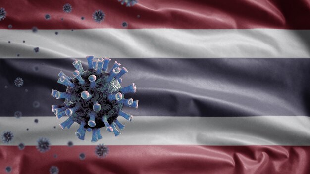 3D, machanie flagą Tajlandii i koncepcja Coronavirus 2019 nCov. Azjatycka epidemia w Tajlandii, koronawirusy grypy jako groźne przypadki szczepów grypy jak pandemia. Wirus mikroskopowy Covid19