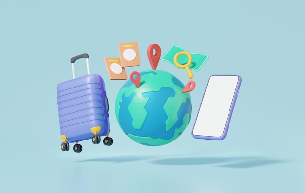 3D makieta turystyka planowanie podróży po świecie z pin lokalizacji walizka podróży usługi rezerwacji online na mobilnym rekreacji zwiedzanie wakacje lato koncepcja 3d render ilustracja