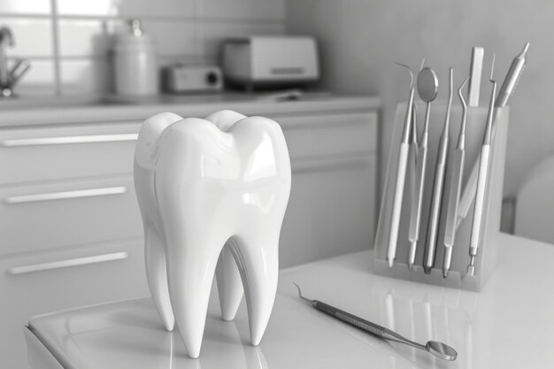 3d makietka modelu zęba z instrumentami dentystycznymi na stole klinicznym