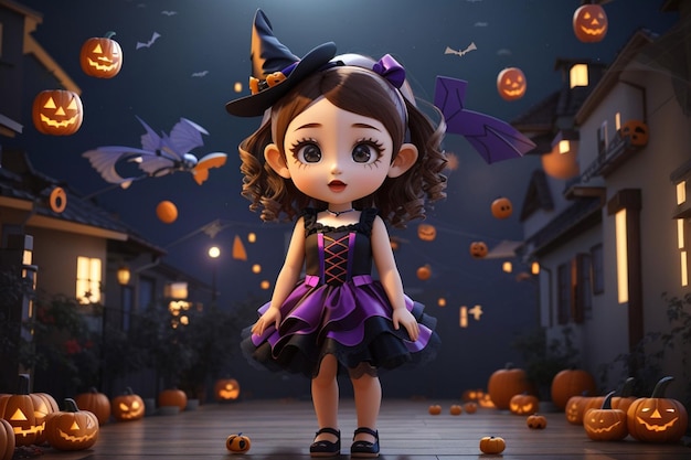 Zdjęcie 3d małe latające przyjęcie halloweenowe dziewczyna