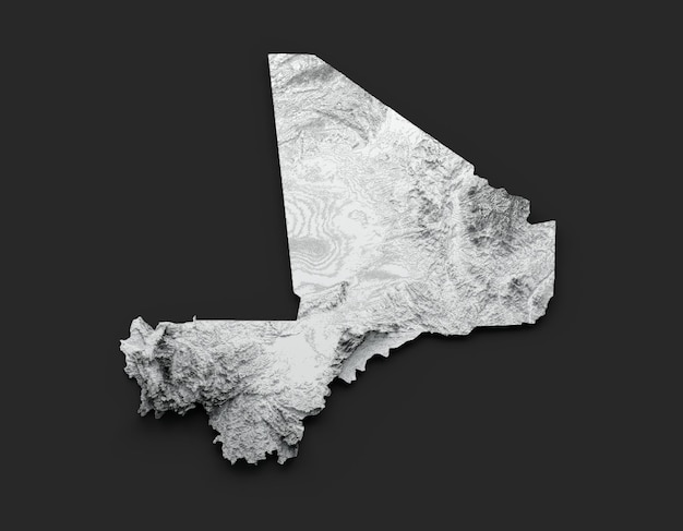 Zdjęcie 3d mali mapa czarno-biały cieniowany relief hipsometryczna mapa na czarnym tle 3d ilustracji