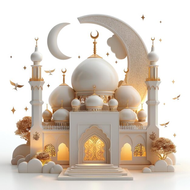 3d Meczet Ramadan świąteczna atmosfera białe tło dla Eid Mubarak