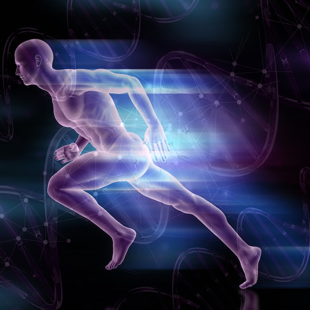 3D męska postać biec sprintem na DNA splata tło