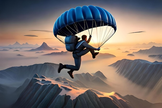 3D mężczyzna postać z kreskówki skoki na spadochronie