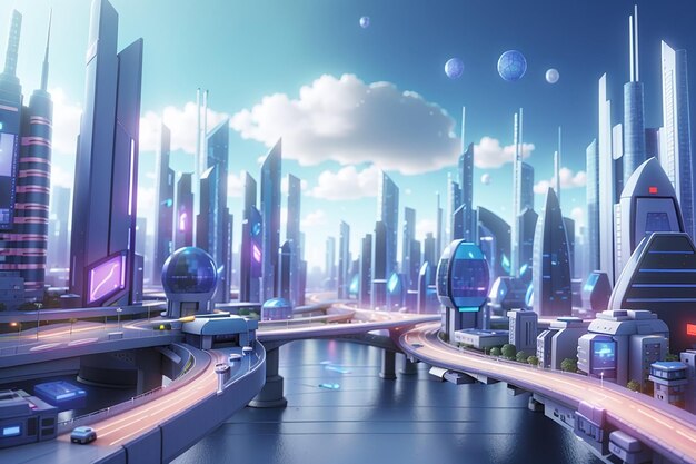 3D miasto cyberspace metaverse cyfrowy krajobraz futurystycznego konceptu tła 3D ilustracja rendering