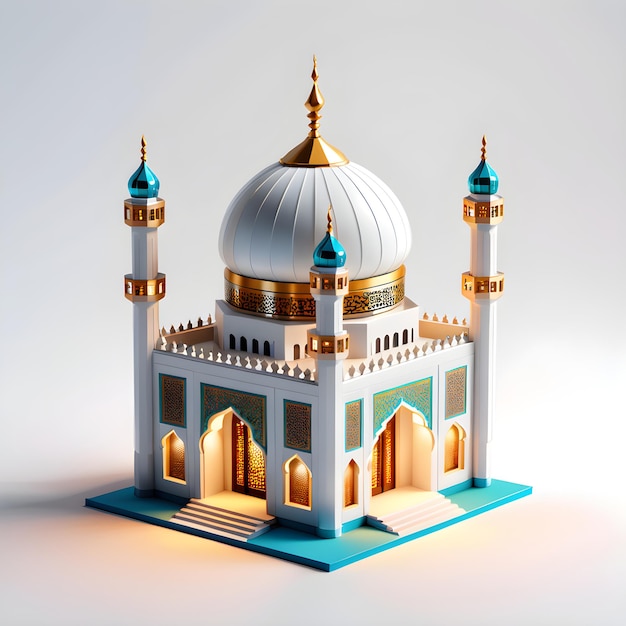 Zdjęcie 3d miniaturowego meczetu na białym tle