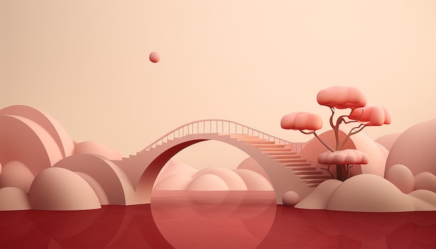 3D minimalistyczny projekt plakatowy przedstawiający delikatny, ale wytrzymały most zbudowany z splecionych fem