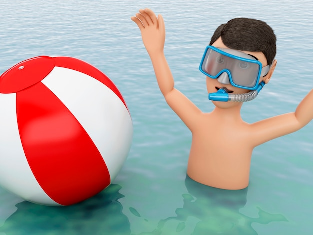 3d młodzi ludzie z plażową piłką w wodzie.