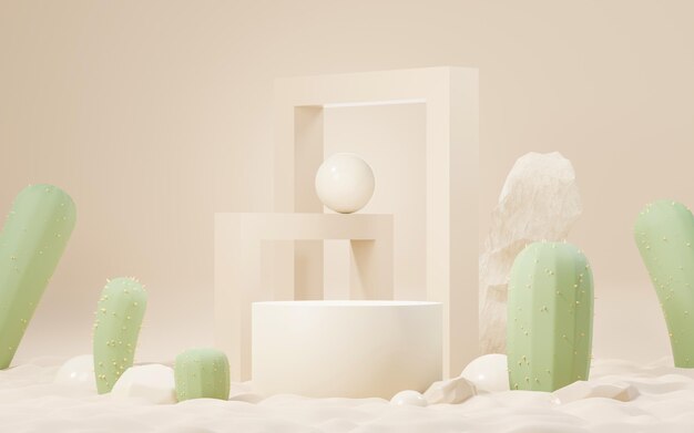 3d Mock up Brązowy kremowy podium z mini motywem pustyni Kaktus i piaski Scena na cokole do prezentacji produktów i kosmetyków Abstrakcyjna kolorowa scena dla reklamy Tło promocji sprzedaży
