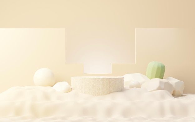 3d Mock up Brązowy kremowy podium z mini motywem pustyni Kaktus i piaski Scena na cokole do prezentacji produktów i kosmetyków Abstrakcyjna kolorowa scena dla reklamy Tło promocji sprzedaży