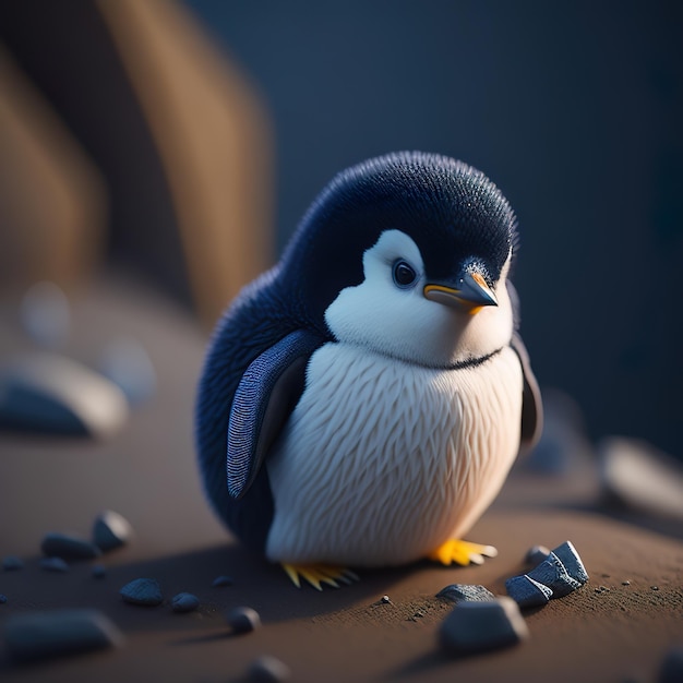 3D model pingwina z niebieską twarzą.