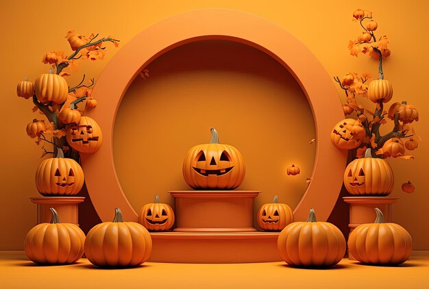 3D model wystawy halloween i dyni wykonane na pomarańczowym tle