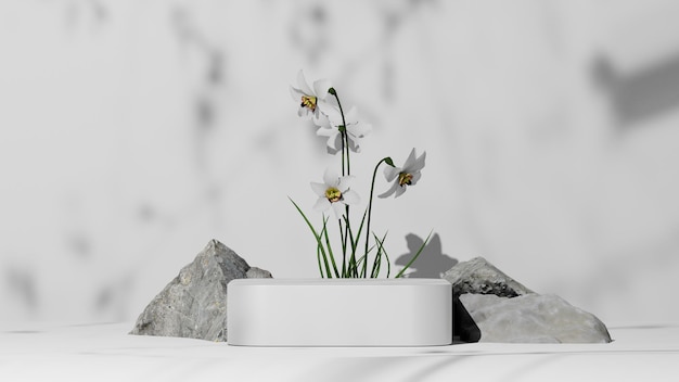 3D naturalna biała makieta podium lub cokół z białym kwiatem, pusta prezentacja produktów kosmetycznych na platformie