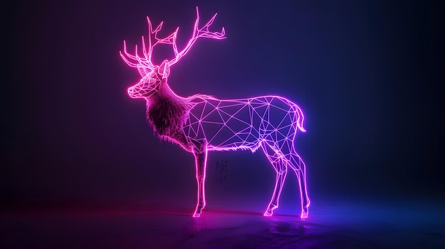 3D Neonowy zarys jelenia na ciemnym tle