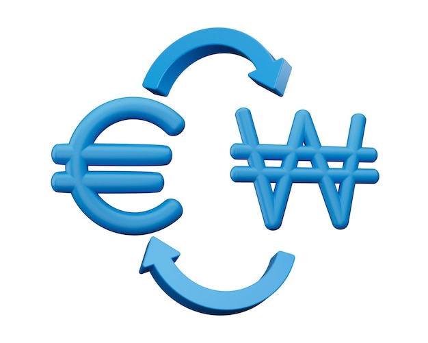 3d niebieskie euro i wygrane ikony symboli ze strzałkami wymiany pieniędzy na białym tle ilustracji 3d