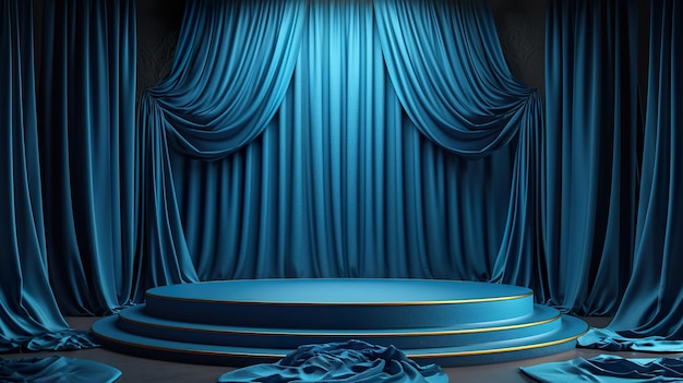 3d niebieskie tło podium i zasłona z tkaniny z luksusowym reflektorem